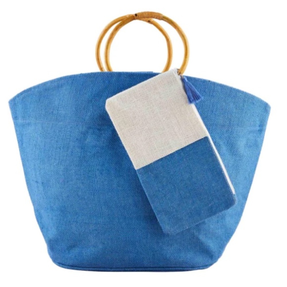 Mud Pie Bright Jute Tote & Case Set Blue New with Tags Bamboo Bag Handbag Purse